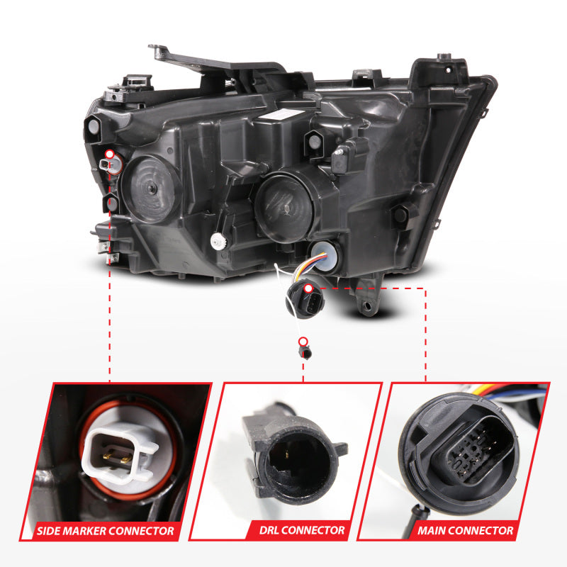 ANZO 19-24 RAM 1500 (New Body/OE Halogen) Full LED Proj Headlights DRL/SeqSig Black - Driver Side