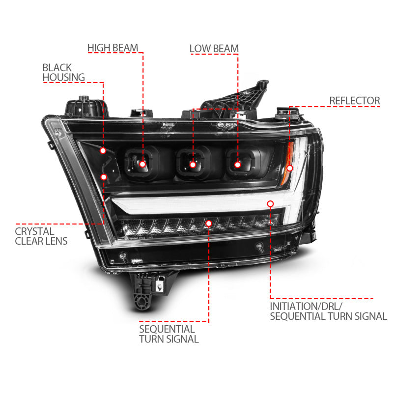 ANZO 19-24 RAM 1500 (New Body/OE Halogen) Full LED Proj Headlights DRL/SeqSig Black - Driver Side