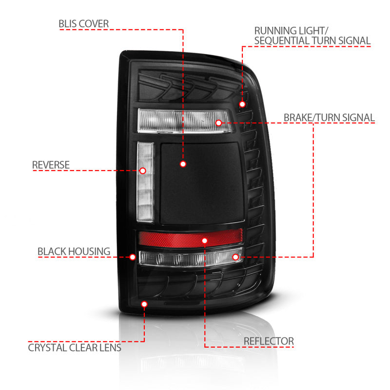 ANZO 19-24 RAM 2500/3500 Full LED Tail Lights SeqSig Black - Pair