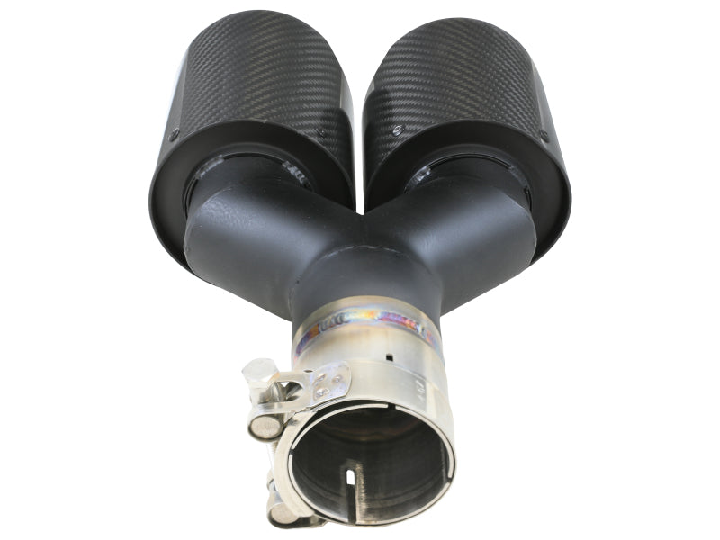 aFe Takeda 2.5in 304 Stainless Steel Clamp-on Exhaust Tip Driver side 2.5in Inlet 4in Dual-Carbon