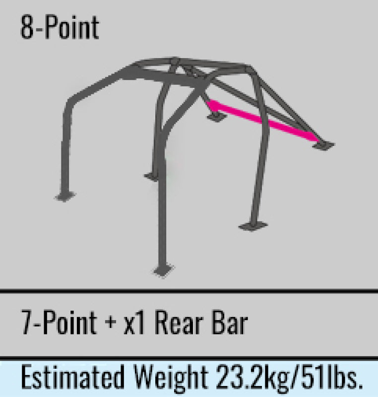 8-Point, Front & Rear with Diagonal & Rear Bar, 2 Passenger, Dash Through-Type. Chromoly 40mm OD