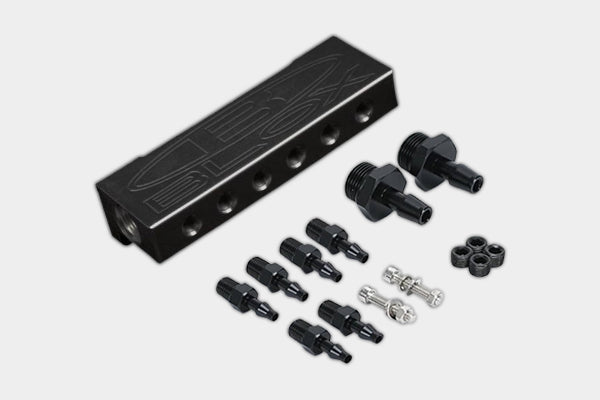 BLOX Racing 6-Port Billet Aluminum Black Universal with Fittings and Plugs
